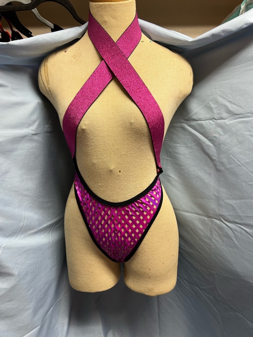 Fuchsia Cross-Back Mesh Exotic Dance Wear Bodysuit